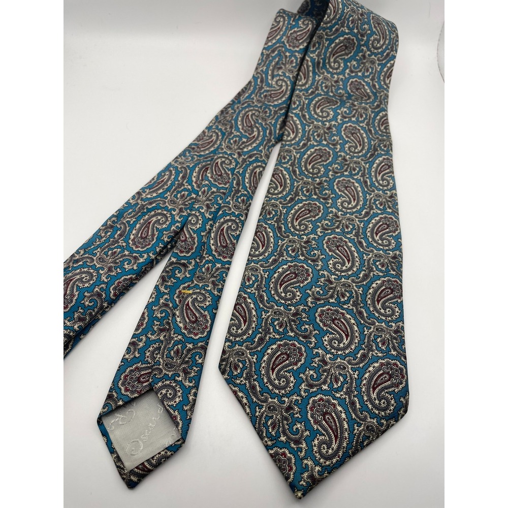 Oscar de la Renta Couture Silk Tie Teal Burgundy Grey Paisley Mens Necktie